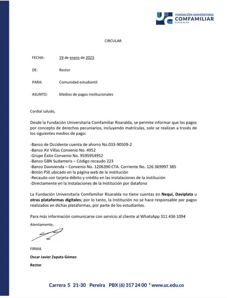 Comunicado oficial medios de pagos institucionales