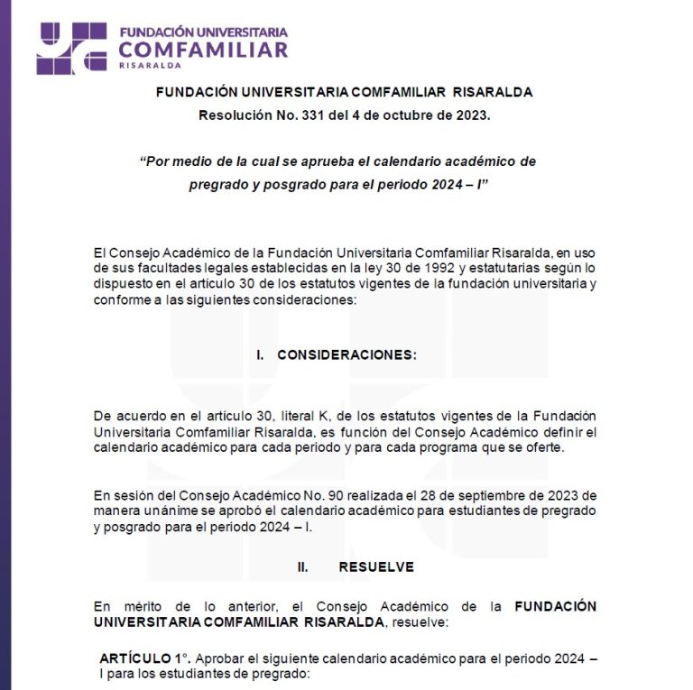 Calendario académico 2024-1 Pregrado – Postgrado